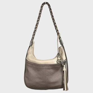 Rare Retired Brighton Barbados Zip Top Hobo Shoulder Bag Colorblock Pewter Cream